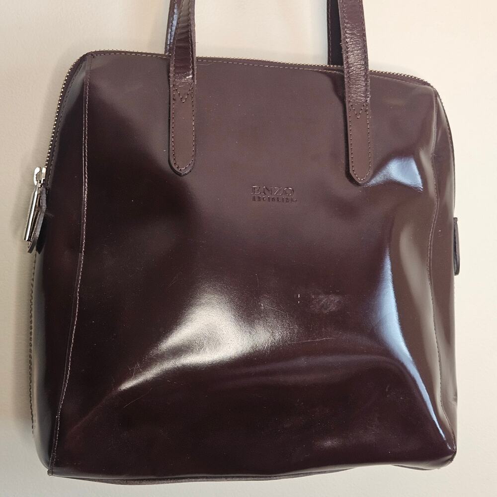Enzo Brown Vegan Patent Leather Purse